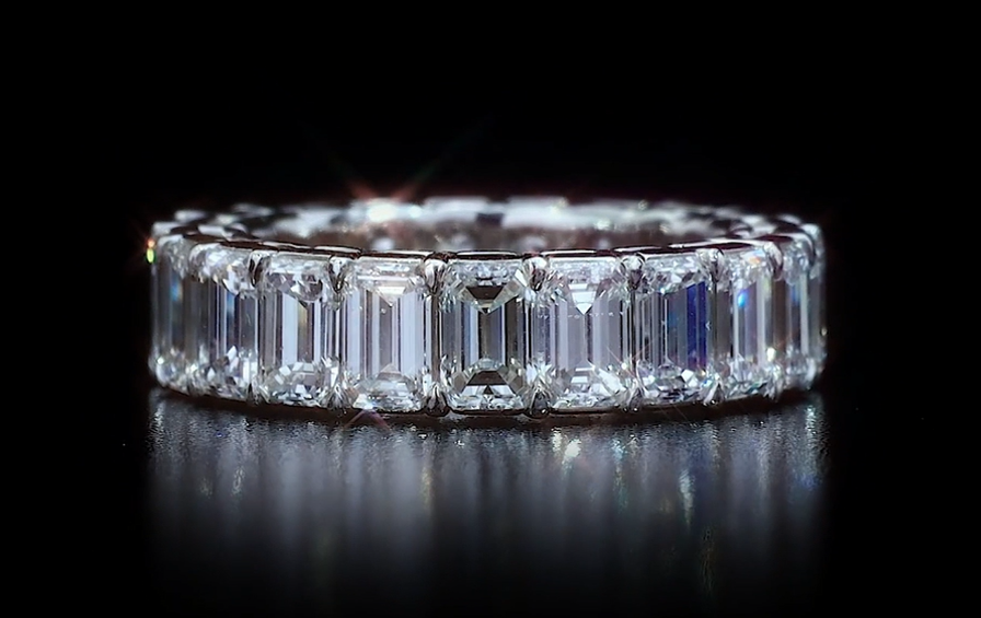 Load video: Emerald Cut Moiisanite Full Eternity Ring In White Gold